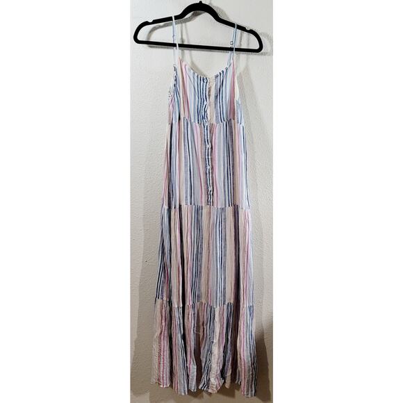 Splendid White Blue Pink Striped Promenade Button Front Maxi Dress Large Linen - Picture 5 of 6